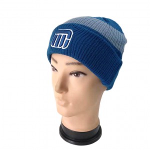 rib knit 3D embroidery winter cuff beanie hat for men
