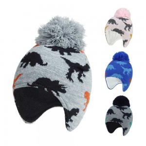 Children 100% Acrylic knitted fleece lining winter ear muff beanie hat with string